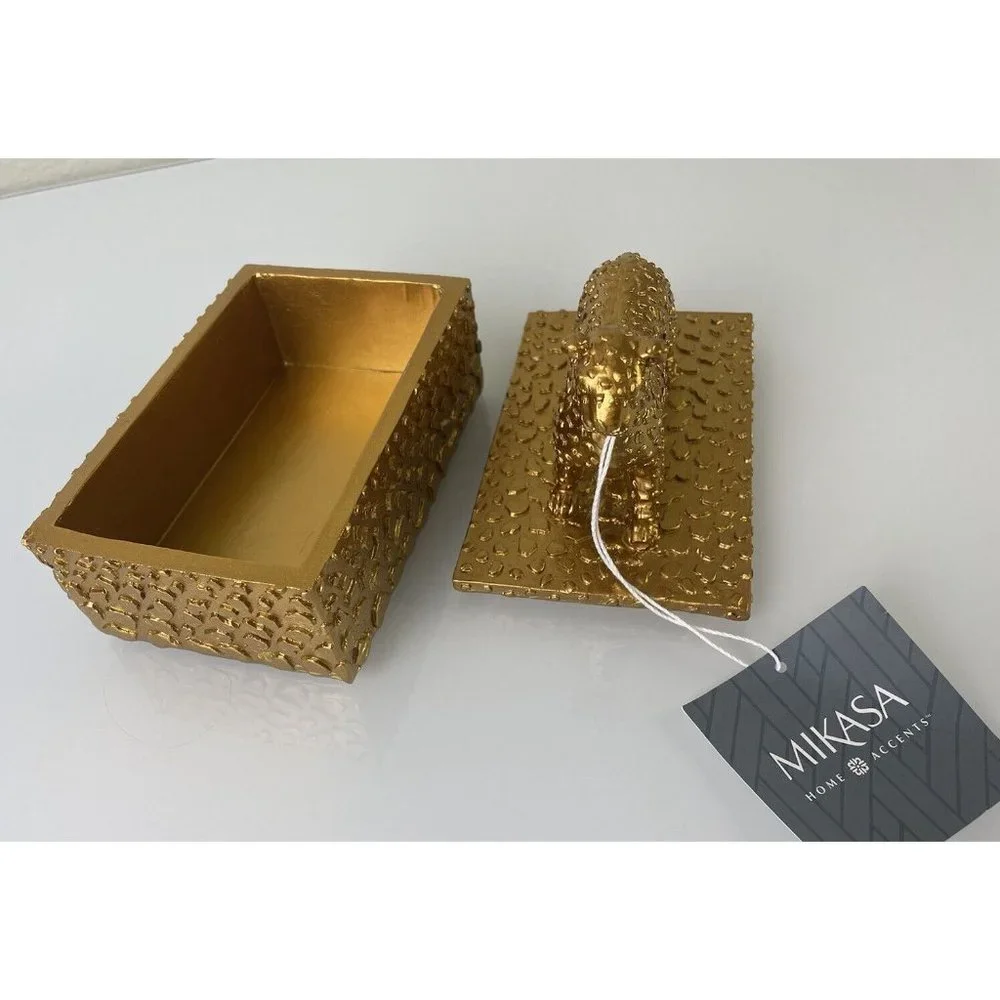 Mikasa Home Accents Leopard Gold Resin Trinket Jewelry Lidded Box, Decor